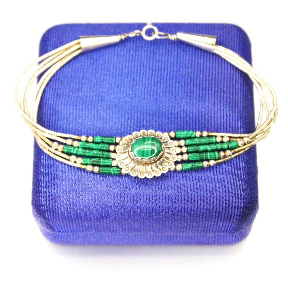 Vintage Liquid Sterling Silver Green Malachite 5 Strand Southwestern Bracelet